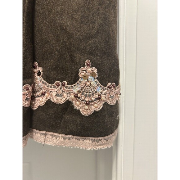 Vintage Y2K EXPRESS Brown Wool Blend Aline Skirt Pink Sequined Lace Trim Size 0 - Picture 4 of 8